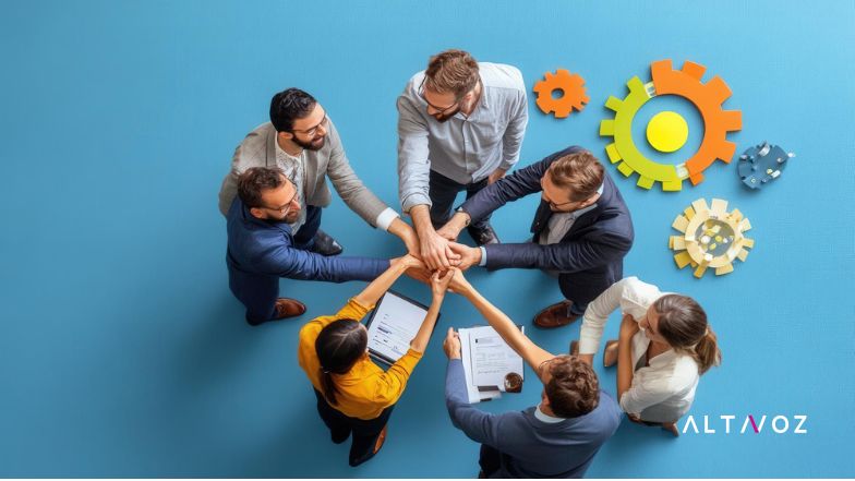 Equipo de trabajo colaborando en un entorno laboral positivo